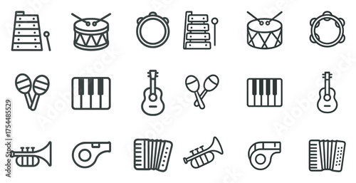 Music and instrument line icons set – outline, musical, sound symbols