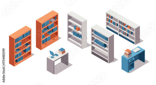 Isometric bookshelves and office furniture set in modern workspace design