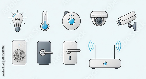 Collection of smart home devices including a light bulb, thermometer, speaker, security camera, door lock, and router