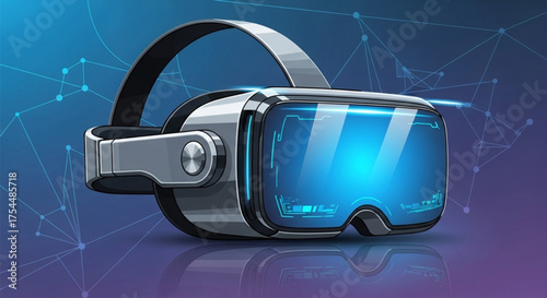 Virtual reality headset with futuristic design and glowing blue screen for immersive gaming and digital experiences on abstract background