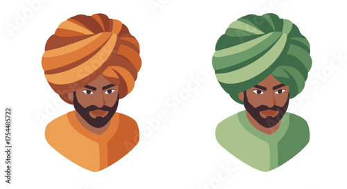 Isometric characters with turbans in vibrant colors on white background