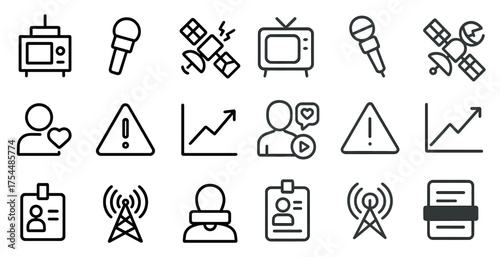 Media and communication icons set – line, outline, broadcast and network symbols