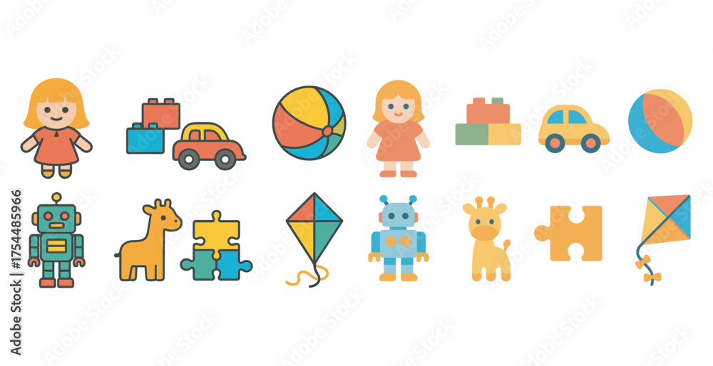Fototapeta premium Kids toys flat icons set – playful, colorful, children's activities visuals.