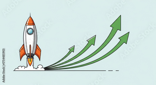 Illustration of a rocket taking off with arrows pointing upwards, symbolizing business growth and success