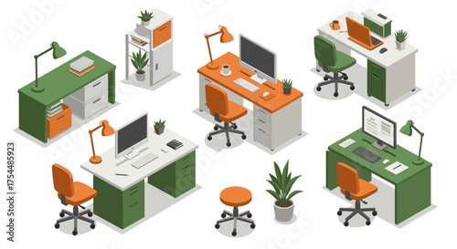 Modern office workspace furniture in isometric design with desks and chairs
