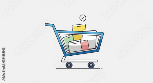 A blue shopping cart filled with various items, including boxes and packages, with a checkmark above it