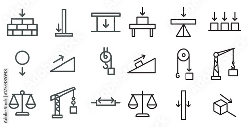 Physics outline icons set – linear, educational, scientific symbols for learning