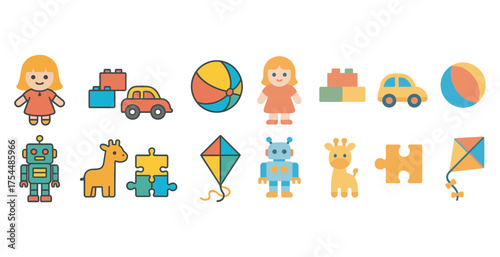 Kids toys flat icons set – playful, colorful, children's activities visuals.