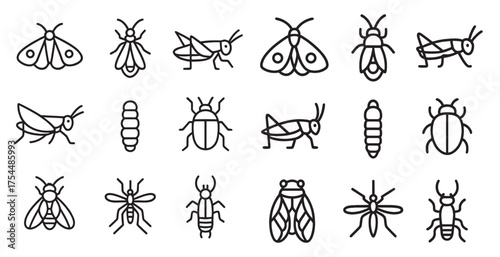 Insect outline icons set – line, silhouette, bug and entomology symbols
