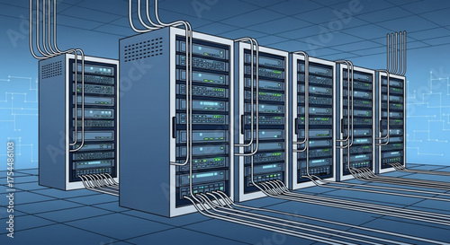 A detailed illustration of multiple server racks connected by cables, showcasing a data center infrastructure and network architecture