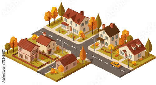 Charming suburban neighborhood in cozy autumn isometric style