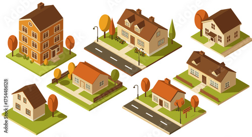 Charming residential neighborhood with isometric houses and autumn trees