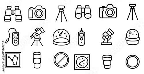 Astronomy outline icons set – flat, line, space and stargazing symbols