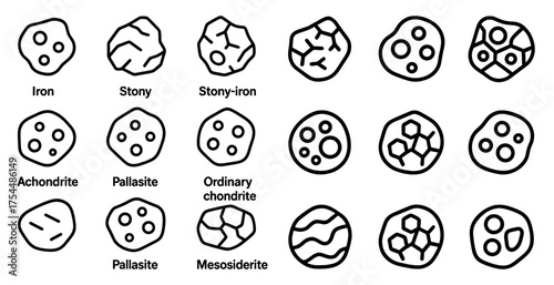 Meteorite and geology outline icons set – linear, silhouette, space and rock symbols