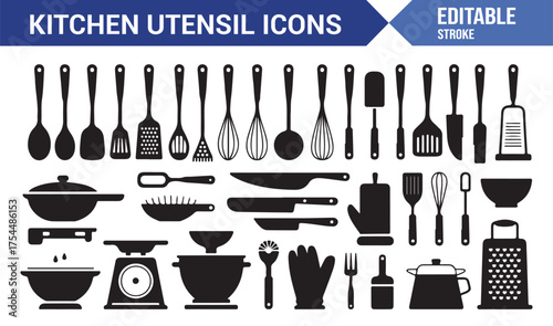 Kitchen utensil icons set in editable vector format showing various cooking tools and equipment