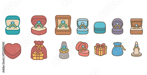 Engagement and wedding icons set – flat, filled, proposal and marriage symbols.