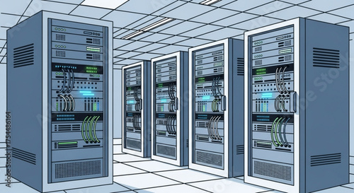 A detailed illustration of multiple server racks connected by cables, showcasing a data center infrastructure and network architecture