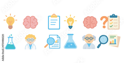 Science and education flat icons set – learning, research, academic symbols.