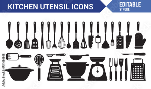 Minimalist line kitchen utensil icons for cooking, chef, and home appliance design