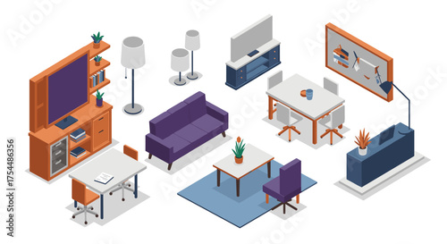Modern isometric home office and living room furniture collection