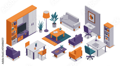 Modern isometric furniture set featuring living room and office elements