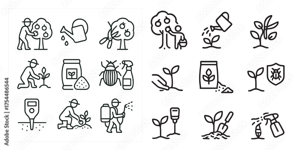 Fototapeta premium Gardening and plant care line icons set – outline, linear, horticulture symbols