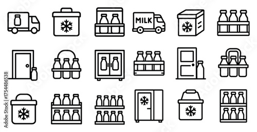 Dairy delivery outline icons set – milk, line, storage and transportation symbols