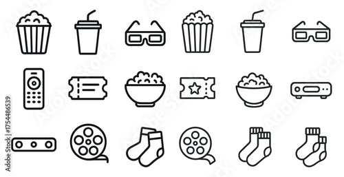 Movie night outline icons set – cinema, film, and entertainment symbols