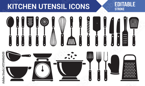 Collection of modern kitchen utensil silhouettes for food and beverage vector graphics