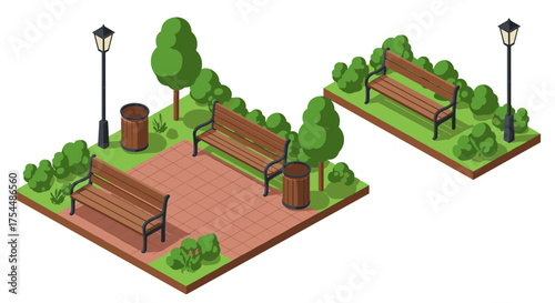 Isometric park benches with lush greenery and lampposts