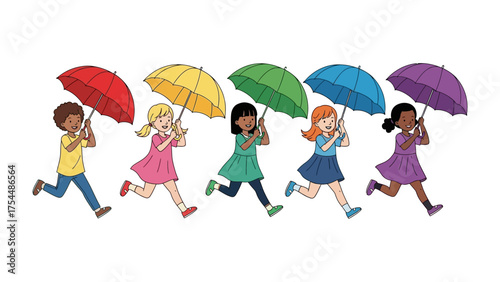 Joyful Run with Rainbow Umbrellas: A cheerful group of diverse children dashes forward, each playfully sheltering under a vibrant umbrella, creating a kaleidoscope of color and youthful energy.