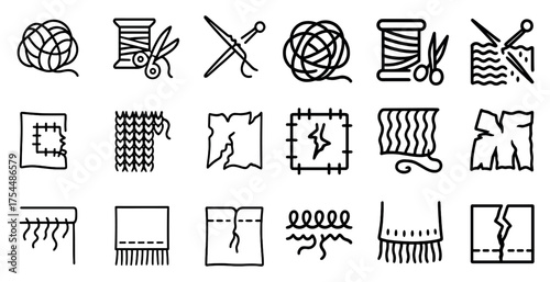 Knitting and crochet outline icons set – yarn, needles, craft symbols