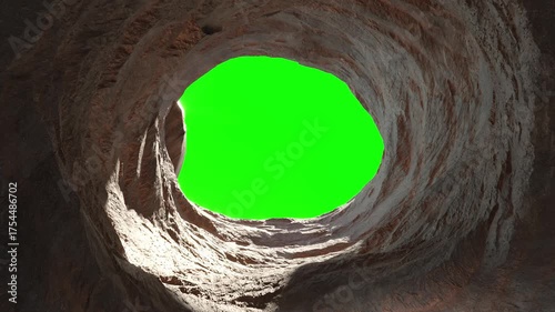 3d rocky cave tunnel towards bright exit  green screen