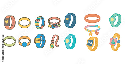 Wearable technology icons set – flat, outline, smart tech and gadget symbols.