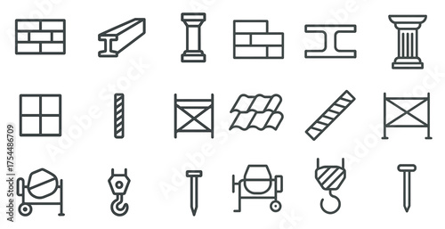 Construction and building outline icons set – linear, structural, industry symbols.