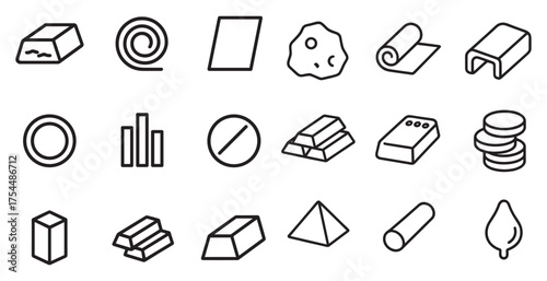 Metal and ore outline icons set – line, silhouette, mining and resource symbols