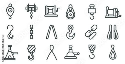 Industrial and construction line icons set – outline, linear, heavy machinery symbols