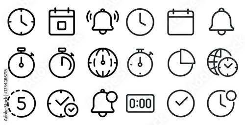 Time management outline icons set – clock, calendar, scheduling tools