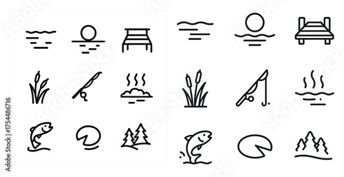 Fishing outline icons set – line, silhouette, aquatic sport and angling symbols
