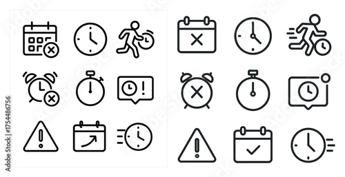 Time management outline icons set – clocks, calendar, schedule and alert symbols
