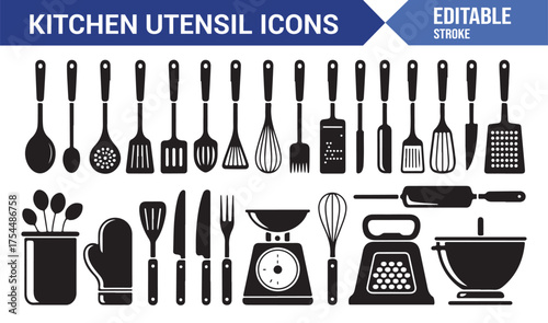 Cooking tools and kitchenware icon set for restaurant, culinary, and home kitchen design