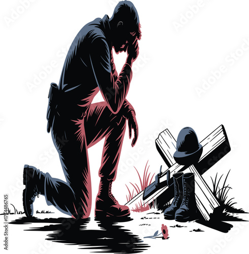 Solemn tribute to fallen hero, soldier kneeling in grief at battlefield memorial, honoring sacrifice and remembrance for military service and national pride
