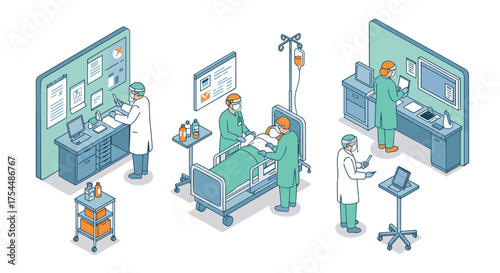 Isometric healthcare scene: medical professionals in a hospital setting