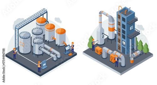 Modern industrial facility with workers in isometric perspective