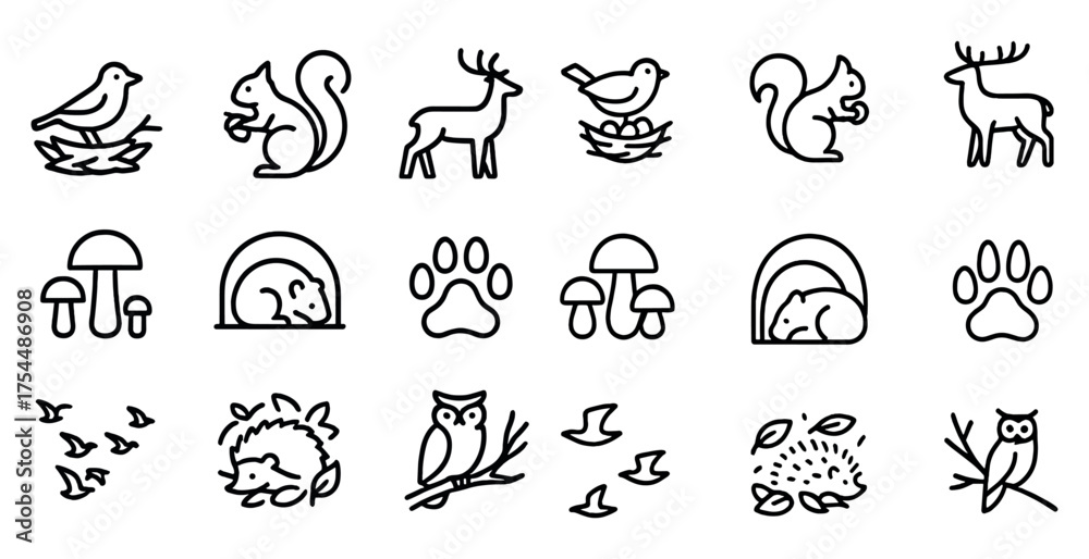 Fototapeta premium Forest and wildlife icons set – outline, line art, nature and animal symbols