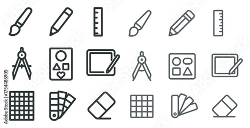 Art and design outline icons set – creative, tools, sketching and drawing symbols
