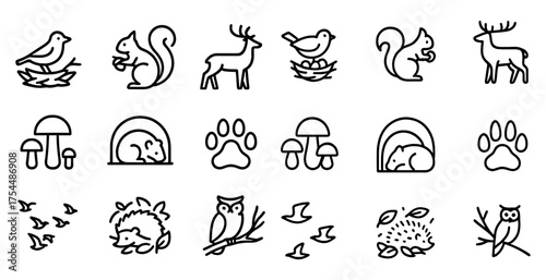 Forest and wildlife icons set – outline, line art, nature and animal symbols