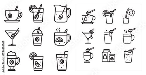 Beverage and drink outline icons set – line, flat, refreshment and cocktail symbols