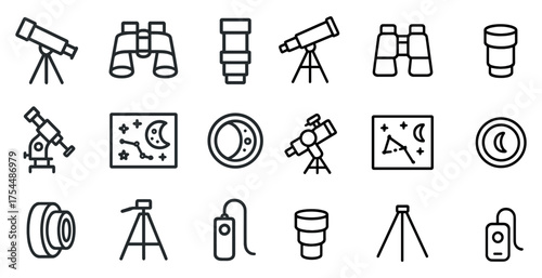 Astronomy outline icons set – space, celestial, stargazing symbols