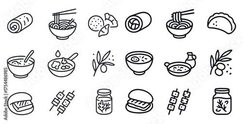 Asian cuisine outline icons set – line, noodle, dim sum and sushi symbols